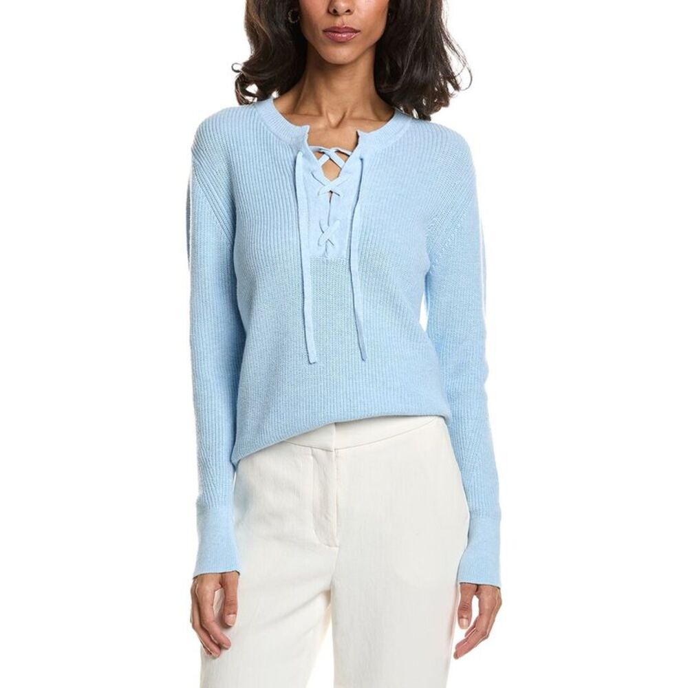 Forte Womens  Lace-Up Rib Crewneck Sweater, Blue